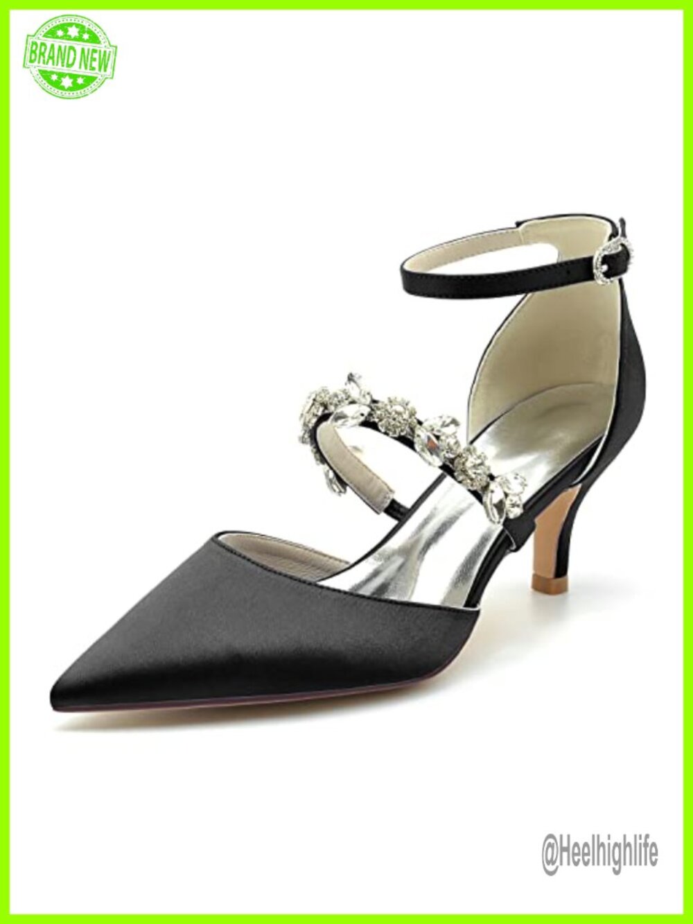 Womens Satin Kitten Heel Pumps Pointed Toe Ankle Strap Wedding Shoes